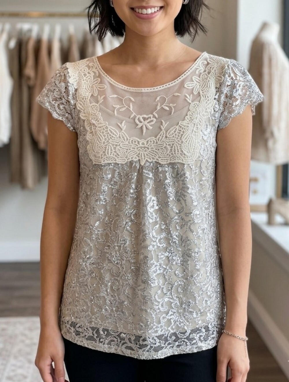 HD in Paris Anthropologie Silver Metallic Lace Blouse White Lace Yoke Size 0